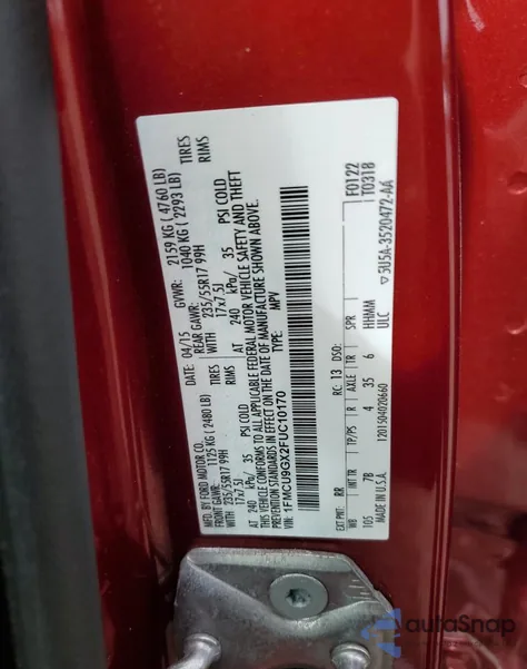 2015 Ford Escape Se from USA, damaged, VIN 1FMCU9GX2FUC10170